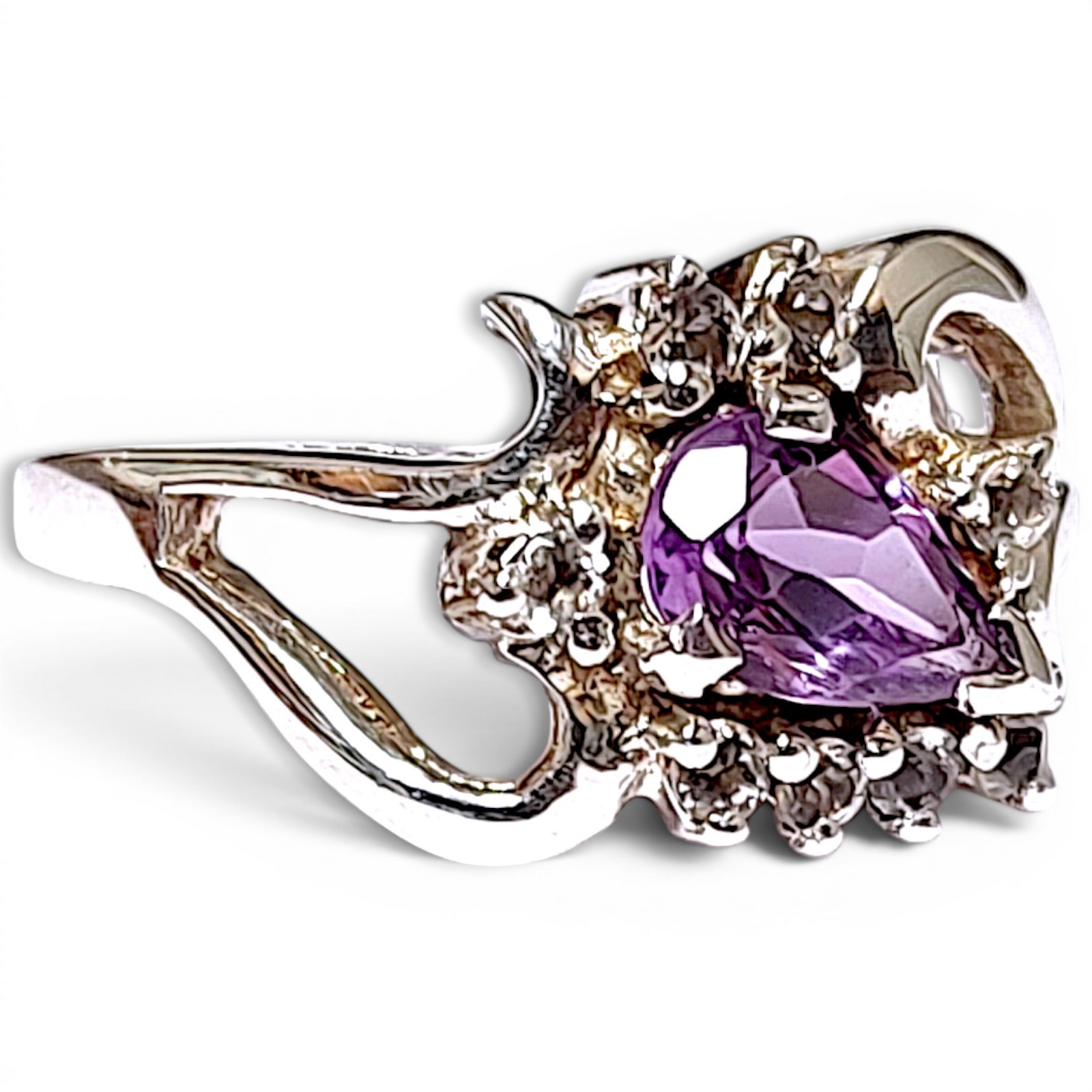 VTG Teardrop Amethyst & White Zircon Sterling Silver 925 Cocktail Ring Size 7.5