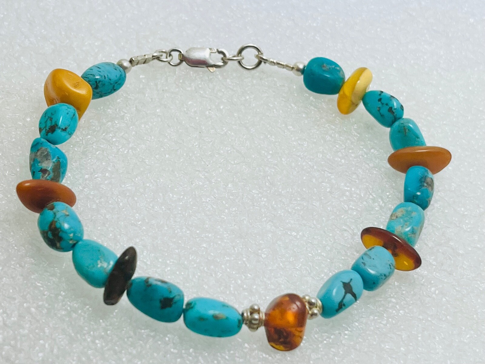 Arizona Turquoise Amber Sleeping Beauty Beaded Sterling Silver 7.5 Inch Bracelet