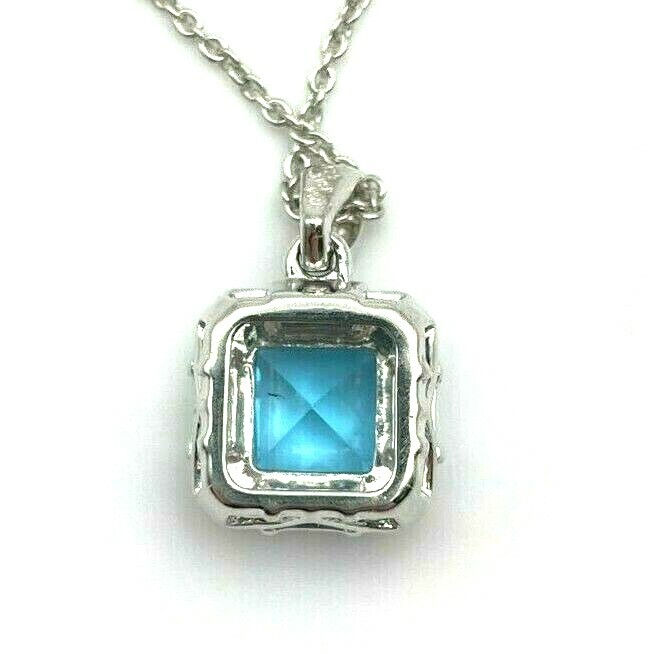 Sterling Silver 925 Fancy Swiss Blue Topaz CZ Asscher Cut Pendant Charm Necklace