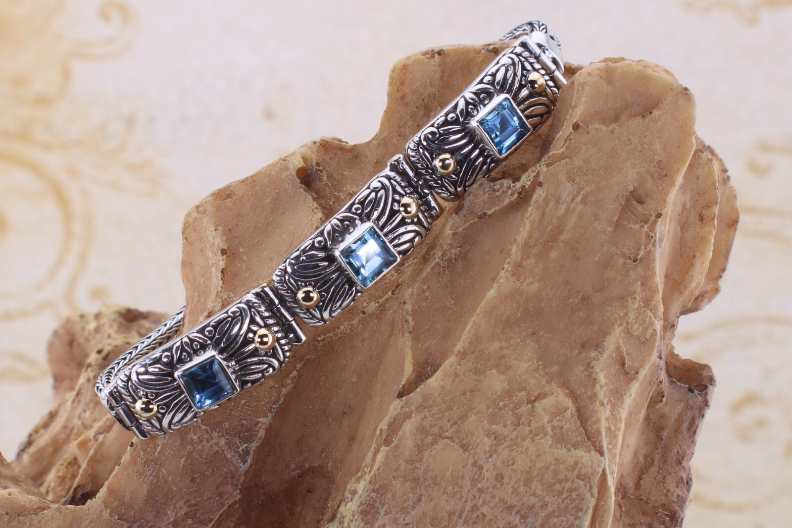 Triplet Blue Topaz Sterling Silver Bracelet with Gold Accents