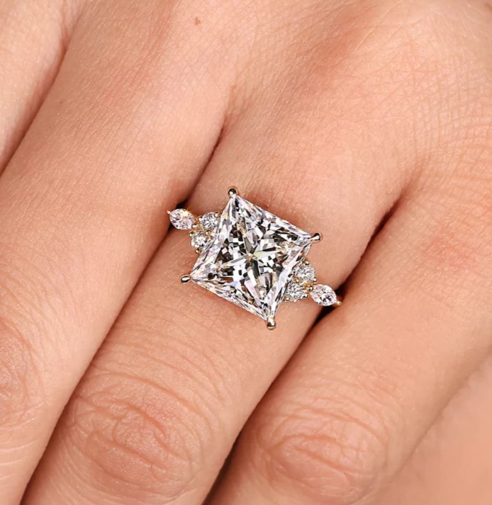 5.40Ct Princess VS1 Lab Grown Diamond Accent-Stone Wedding Ring 14k Yellow Gold