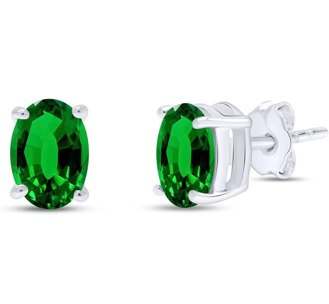 6*4mm Oval Lab Created Emerald Green Women’s Stud Earrings 14k White Gold Plated