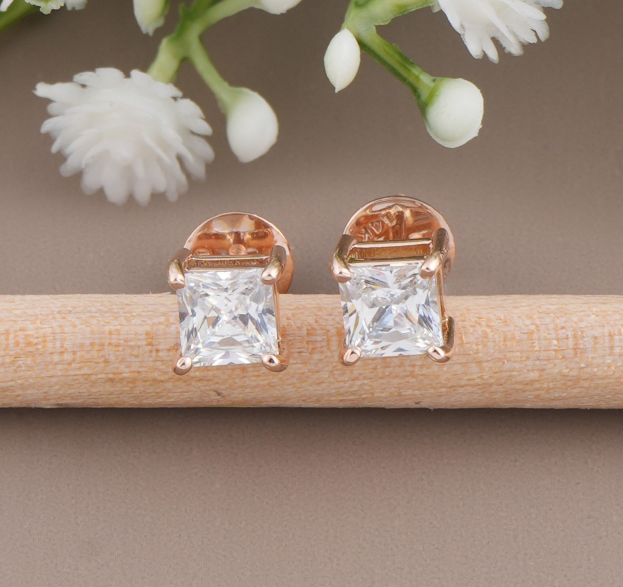 14Kt Rose Gold CZ Diamond Princess Cut Earring Set Solitaire Studs