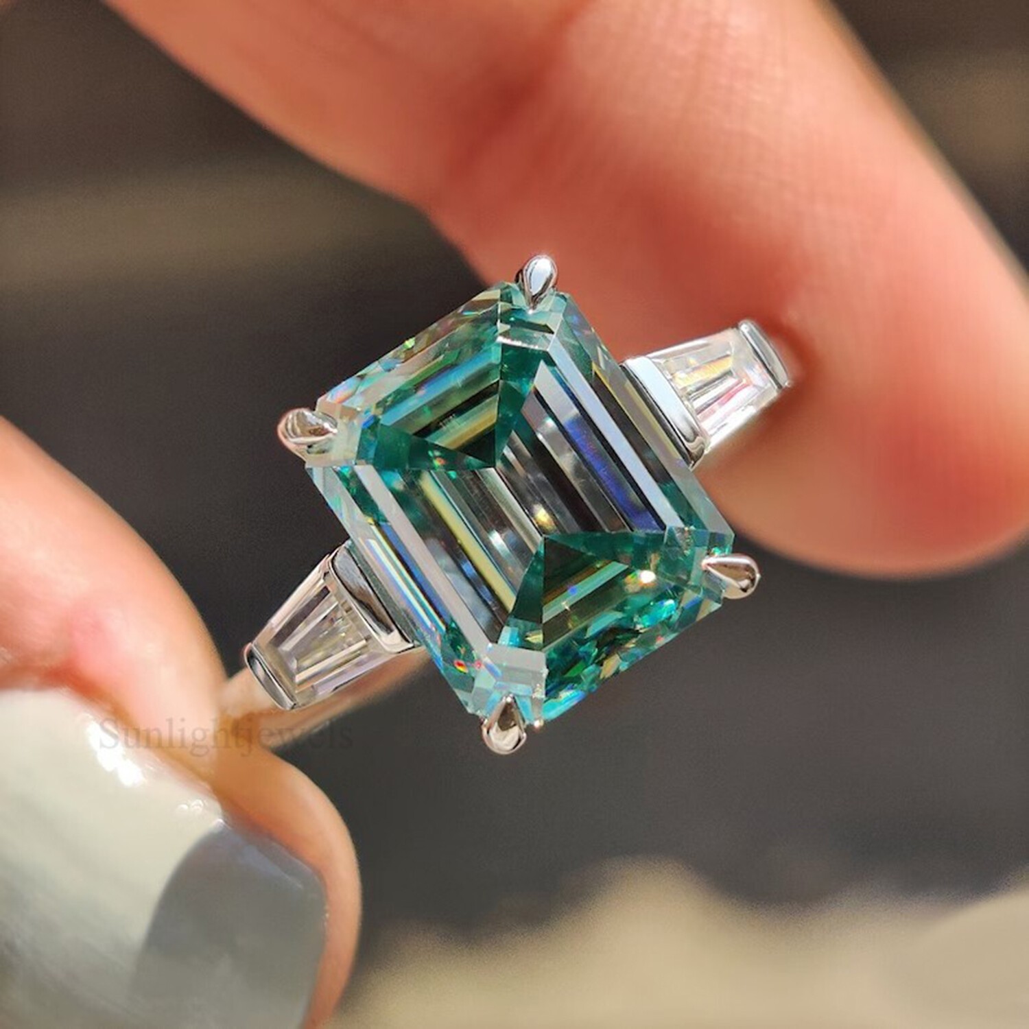Sky Blue Lab Diamond Ring 6.3Ct Emerald 925 Sterling Silver Wedding Jewelry
