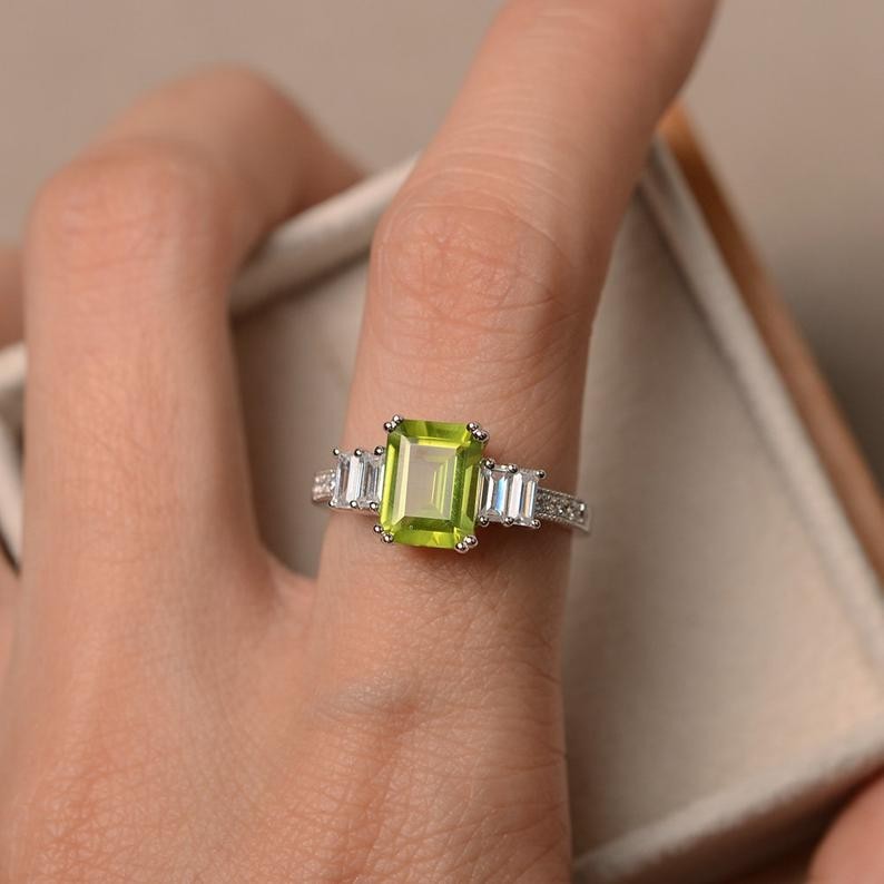 3.50 Ct Emerald Cut Natural Peridot Diamond Ring 14K Solid White Gold Size 8
