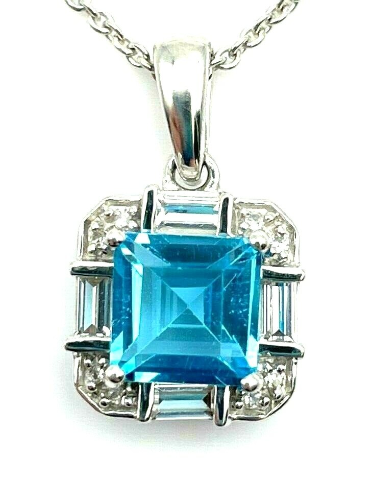 Sterling Silver 925 Fancy Swiss Blue Topaz CZ Asscher Cut Pendant Charm Necklace