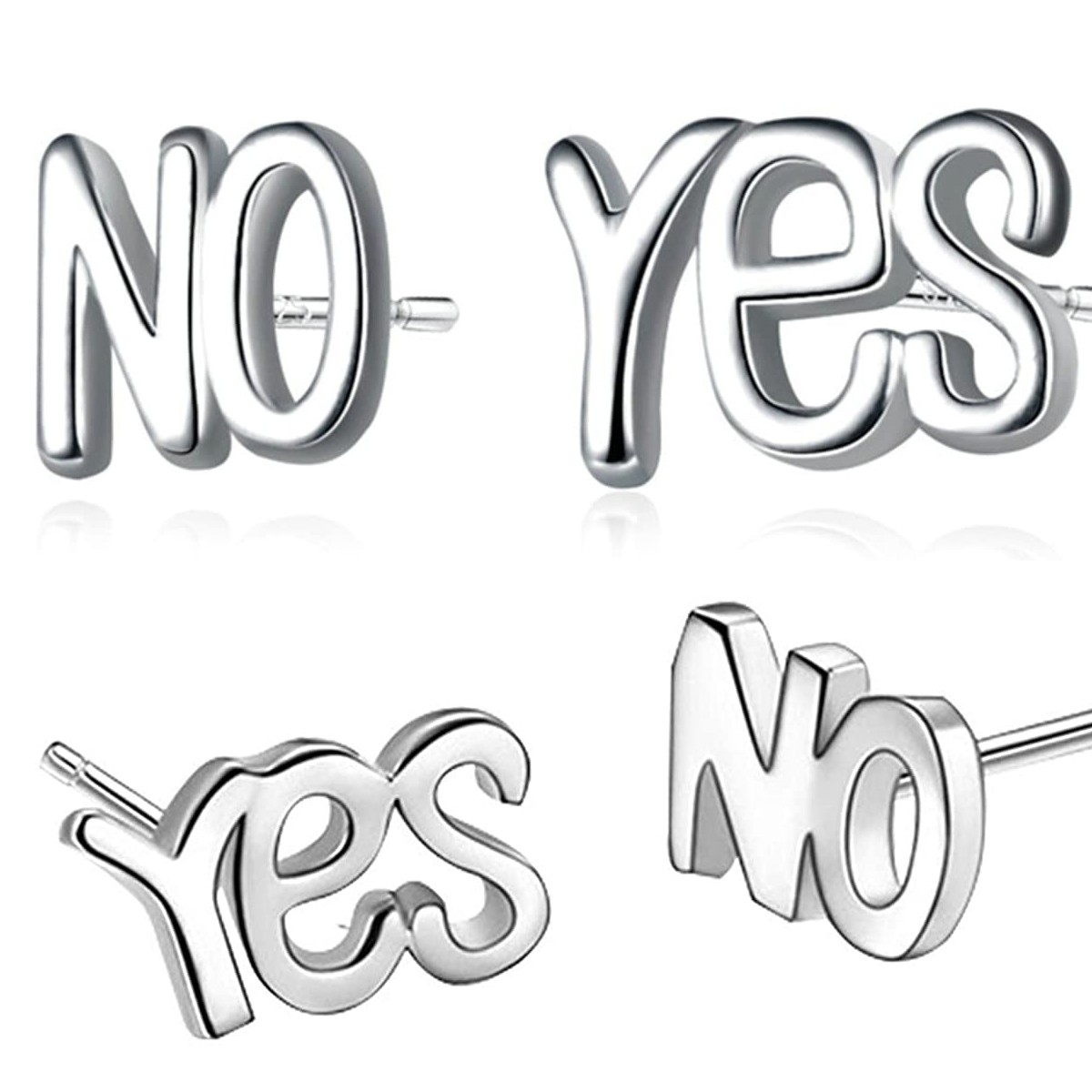 925 Sterling Silver Nickel/Lead Free 3D Word «YES» «NO» 6mm Stud Earrings BH2
