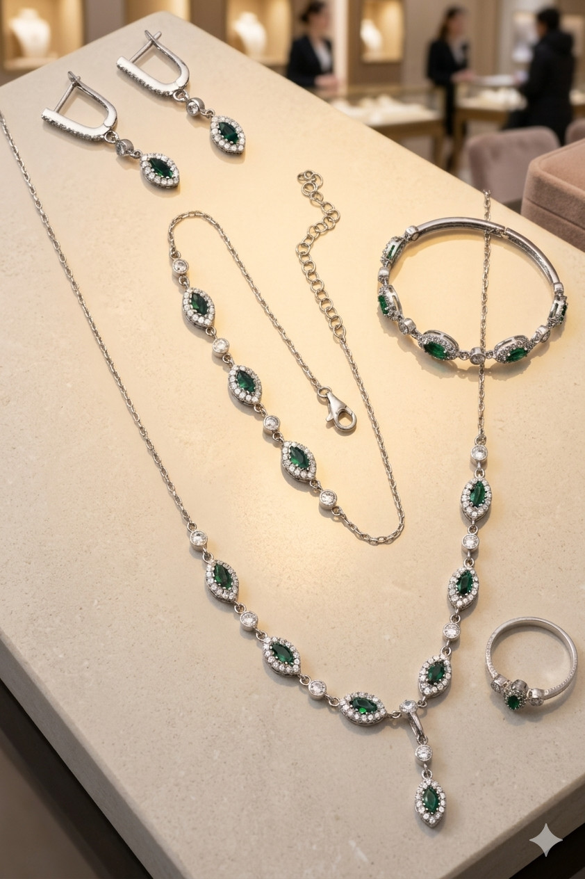 Emerald 925 Sterling Silver Jewelry Set Women Necklace Bracelet Earring ..