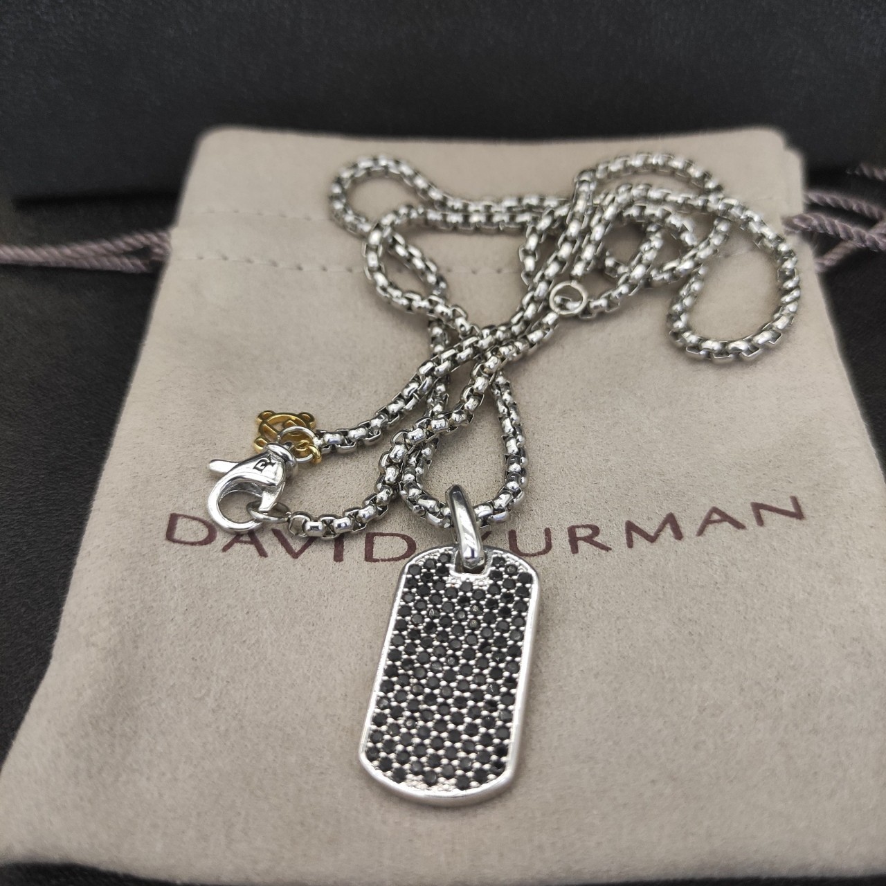 David Yurman 925 Silver Pavé Black Diamond Dog Tag Pendant Box Chain Necklace 55