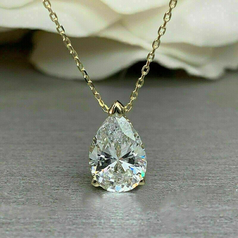 3 Ct Pear Cut Lab-Created Diamond Solitaire Pendant Chain 14K Yellow Gold Plated