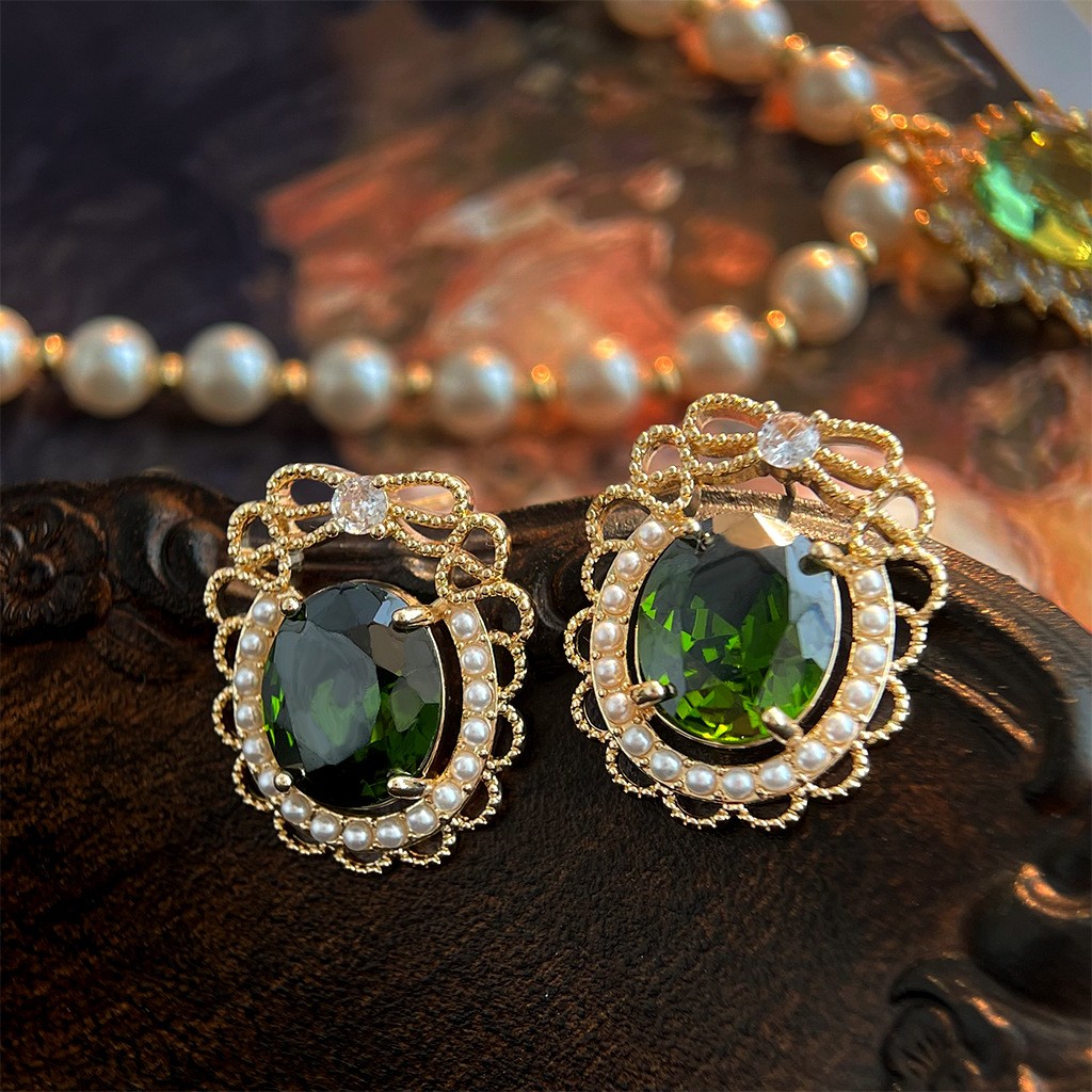 Vintage Medieval Style Green Cubic Zirconia Gem Earrings