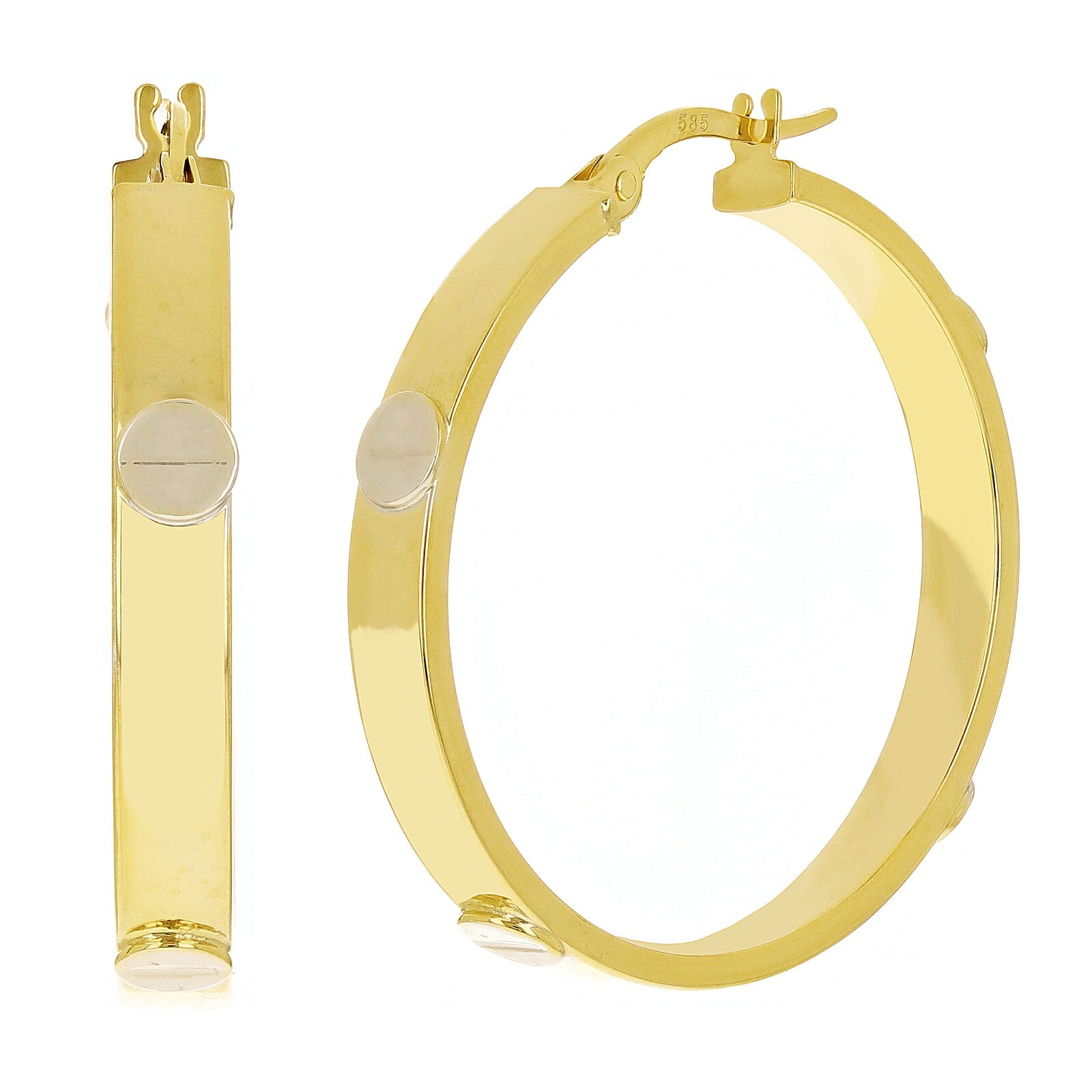 Italian 14k Yellow & White Gold Hollow Love Screw Design Hoop Earrings 1.1″ 4mm