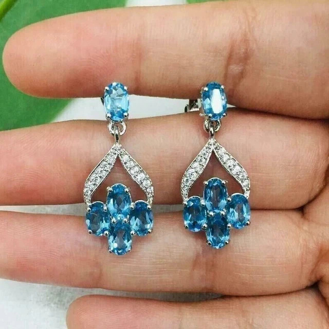 2.30Ct Oval Cut Lab-Created Blue Topaz Women Drop Earrings 14K White Gold Plated