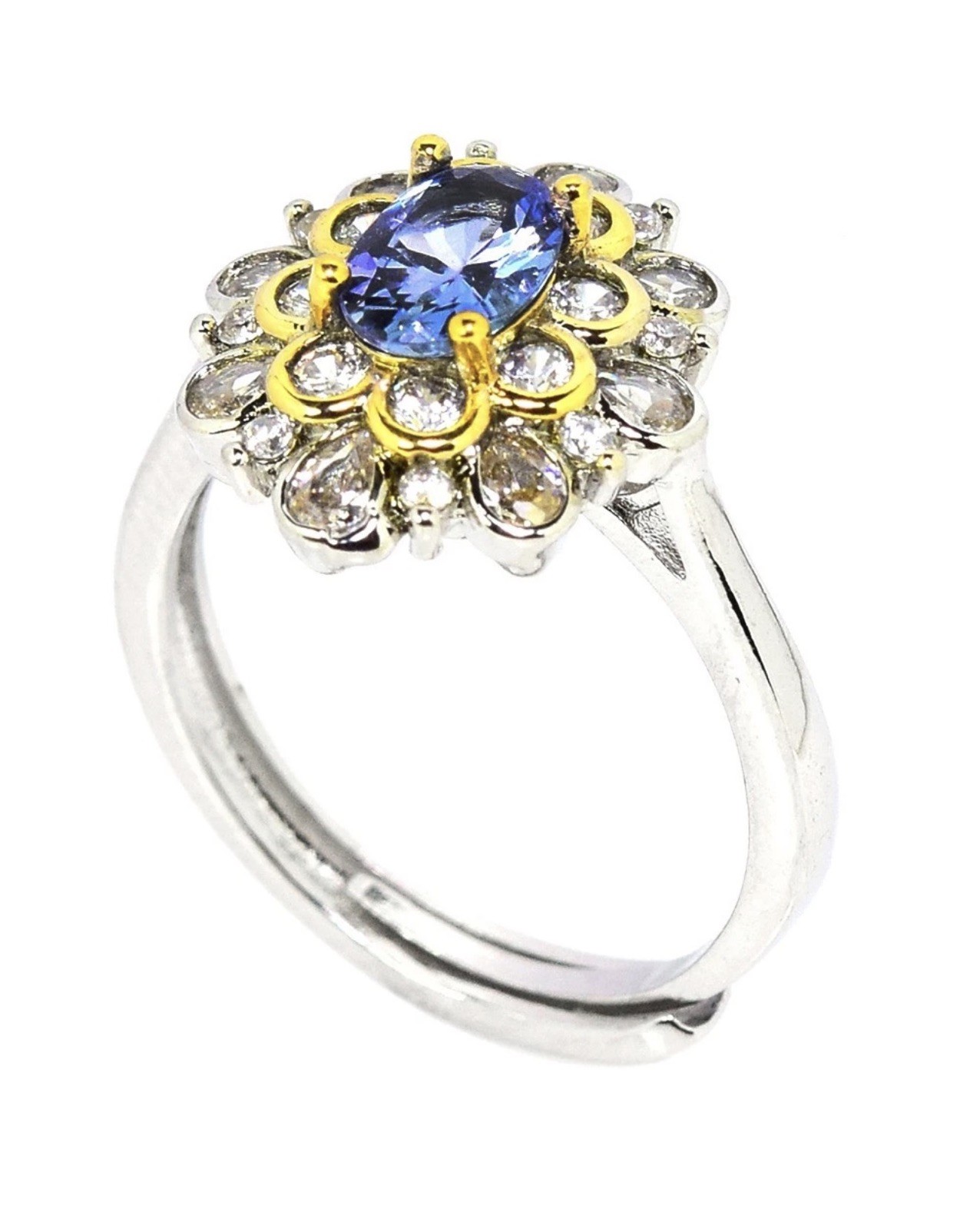 Stunning Natural Blue Tanzanite Two Tone Gold w/ Zircon 925 SS Ring Sz 6.5-7.5