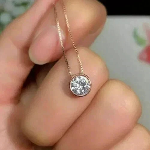 14K Rose Gold Plated Real Moissanite 2.Ct Round Cut Solitaire Bezel Set Pendant