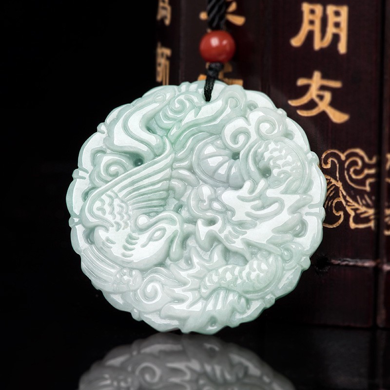 Natural Grade A Jade Jadeite Carving Dragon Phoenix Pendant Necklace Certificate