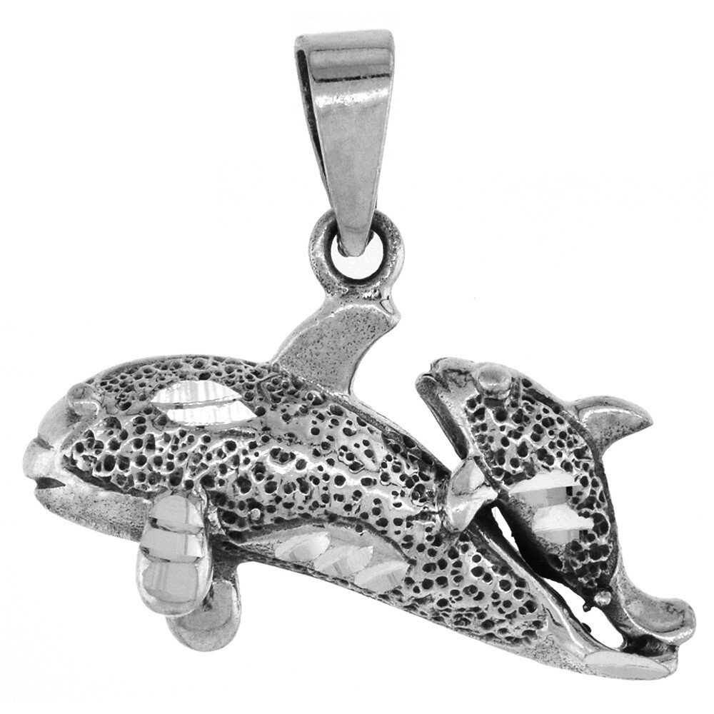 925 Sterling Silver Adult and Calf Orca Whales Pendant 1 Inch (25mm) Tall