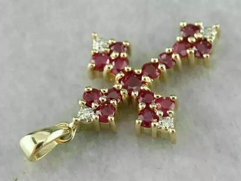 2.00 Ct Round Cut Red Ruby & Diamond Cross Pendant 14k Yellow Gold Over