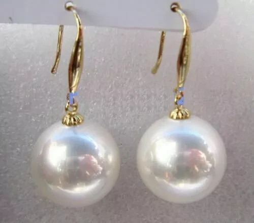 HUGE AAA 16mm Natural South Sea White Shell Pearl Earrings 14k Gold