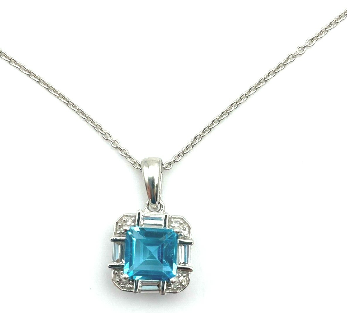 Sterling Silver 925 Fancy Swiss Blue Topaz CZ Asscher Cut Pendant Charm Necklace
