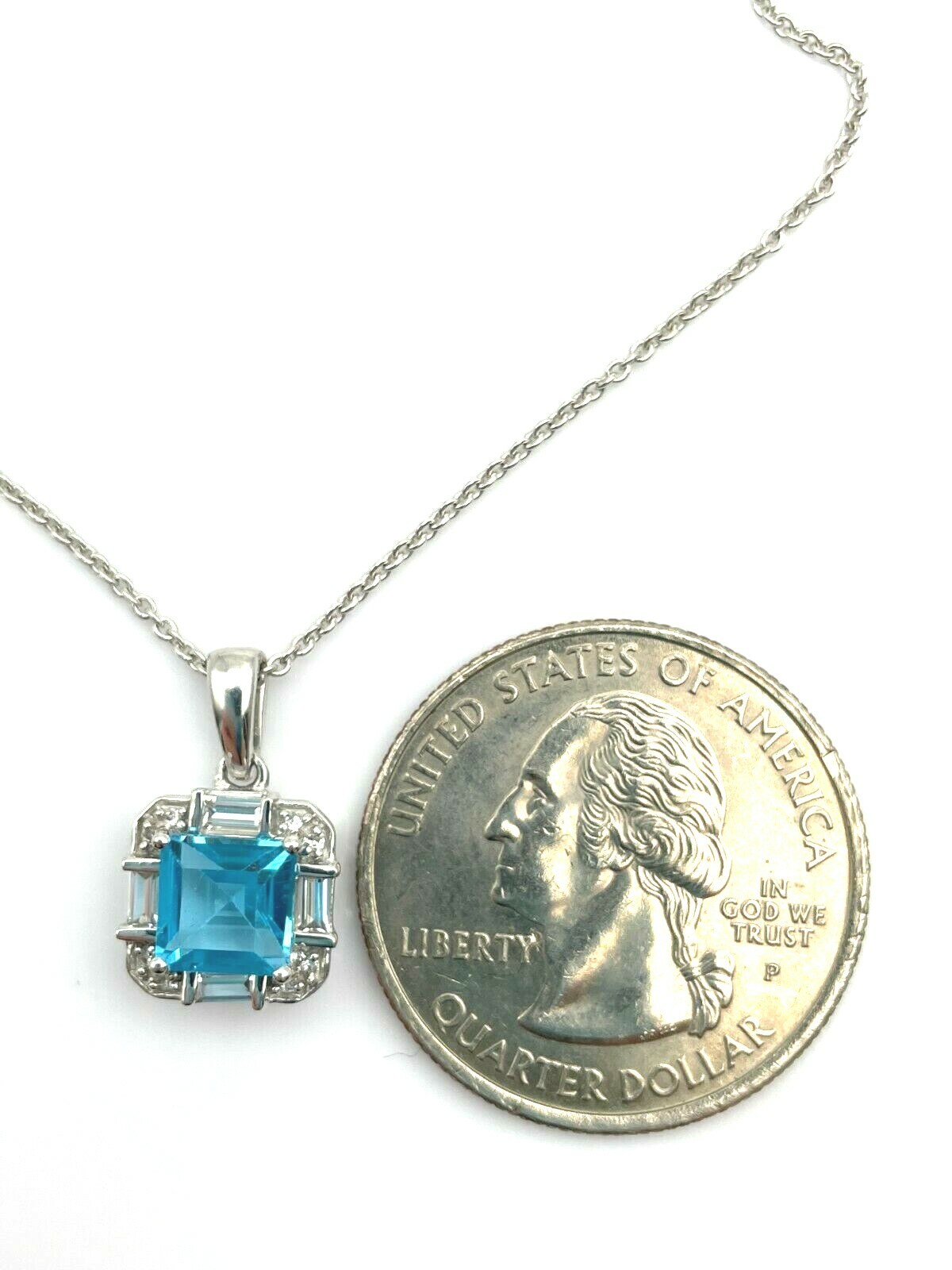 Sterling Silver 925 Fancy Swiss Blue Topaz CZ Asscher Cut Pendant Charm Necklace