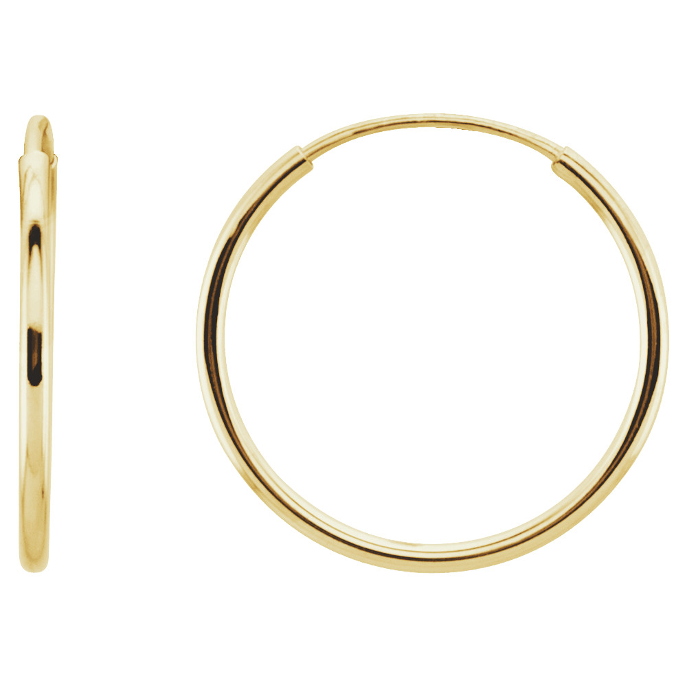 14K Yellow Gold Endless Hoop Earrings 1mm Thick Tube Lightweight Everyday Hoops