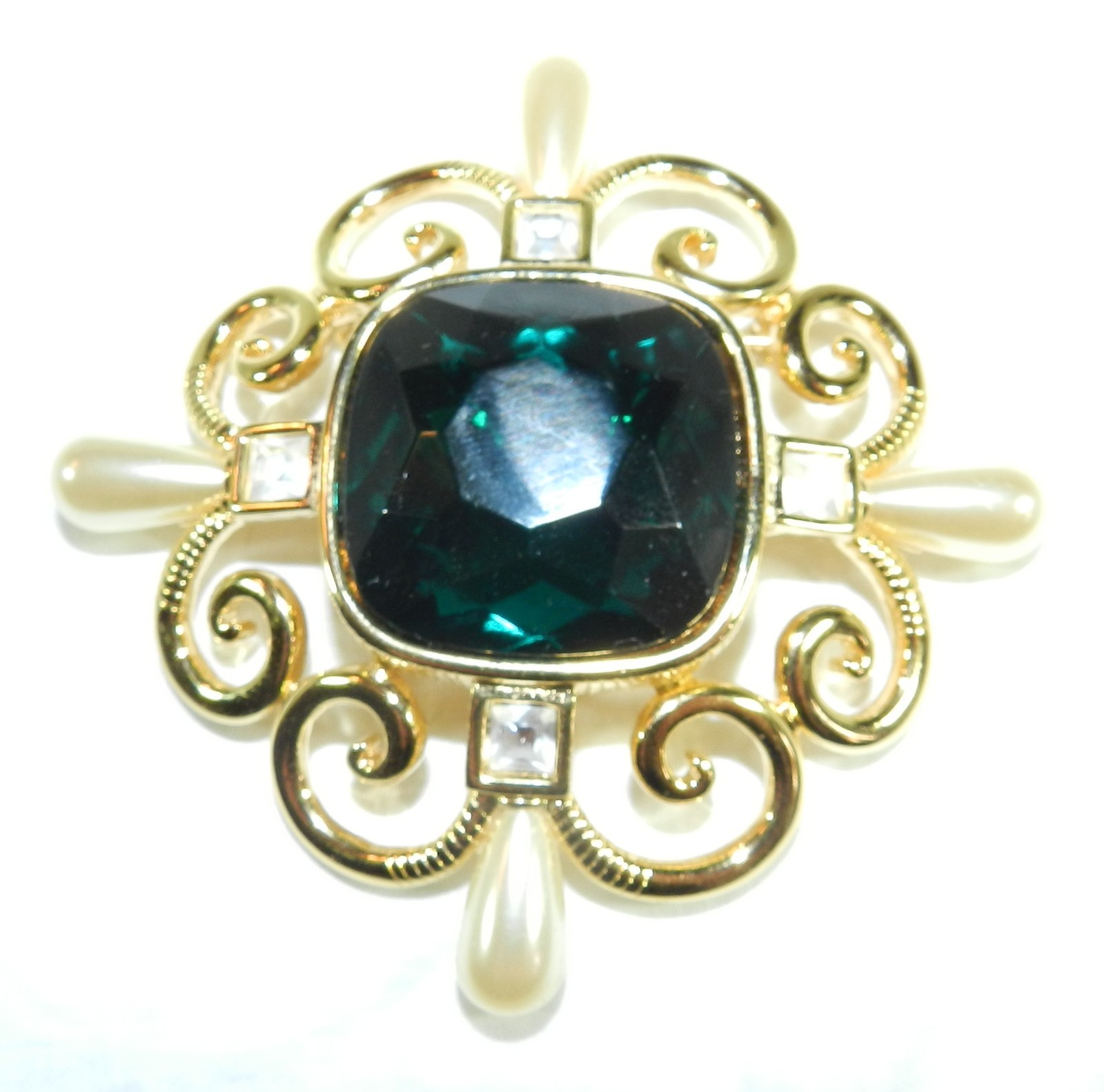 New w/ Pouch – Sandi Miller Burrows Crystal Scroll Pin – Green