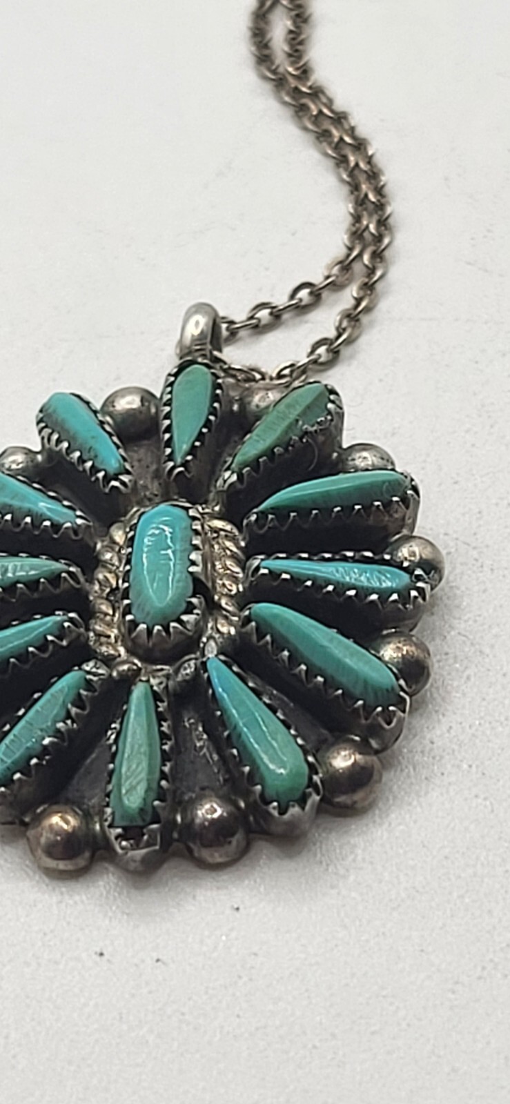 Vintage Sleeping Beauty Zuni Necklace Turquoise Cluster Petit Pendant Signed JW