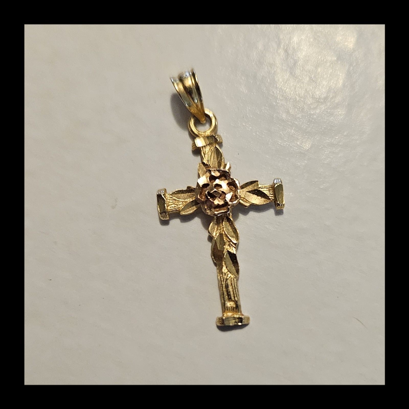 14K Solid Gold Cross w/ Rose Pendant