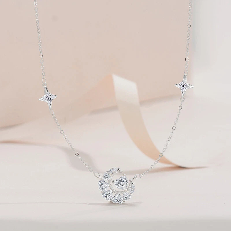 925 Sterling Silver 0.5ct Real Moissanite Moon Star Pendant Necklace for Women