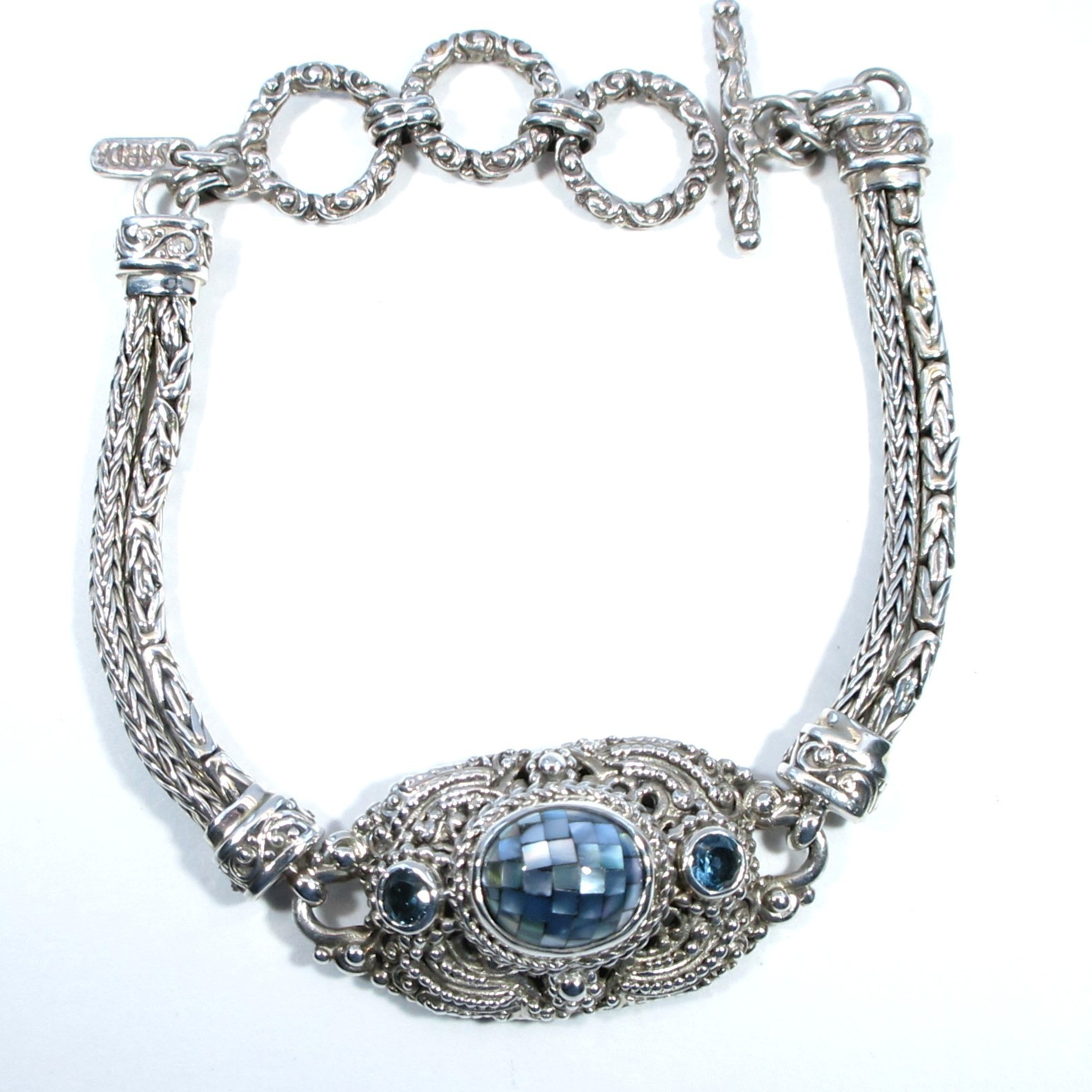 Sarda Blue MOP Mosaic with Swiss Blue Topaz Sterling Silver Toggle Bracelet