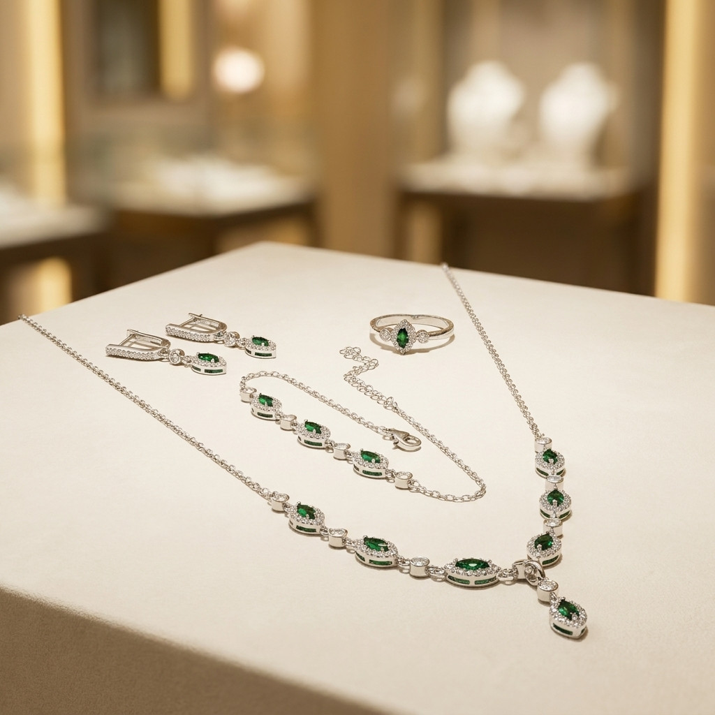 Emerald 925 Sterling Silver Jewelry Set Women Necklace Bracelet Earring ..