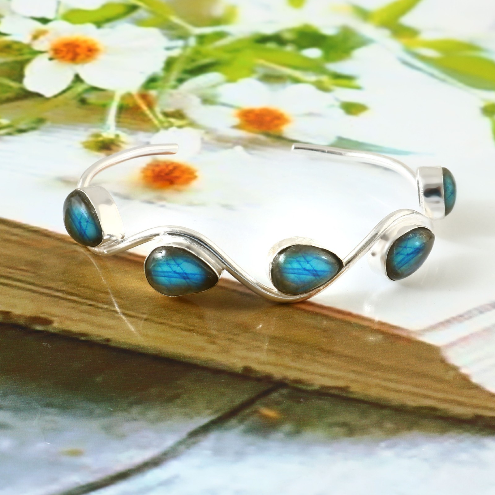 925 Sterling Silver Natural Labradorite Gemstone Jewelry Handmade Cuff Bracelet
